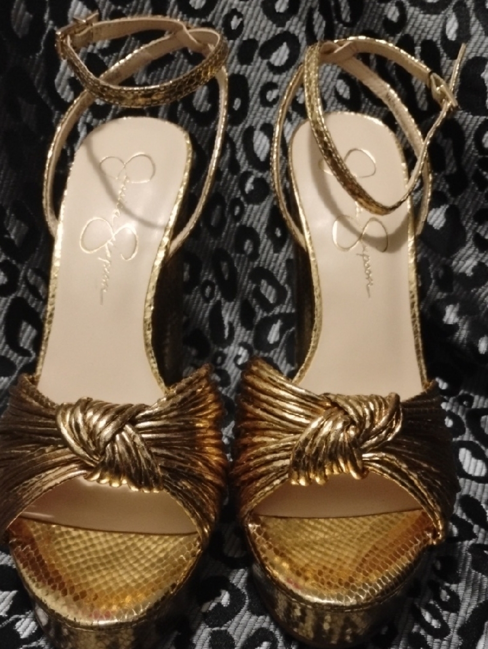 Jessica Simpson Gold Metallic Knot Front Ankle-Strap Heels